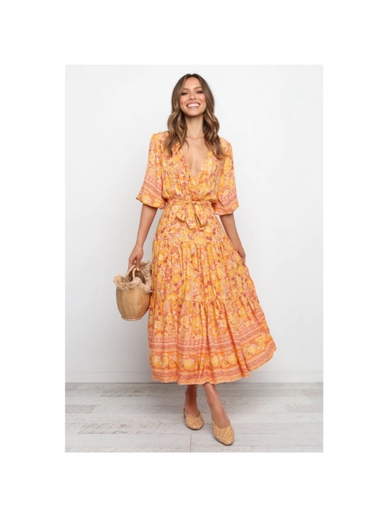 Petal & Pup Dresses & Skirts - Petal & Pup Yellow-Orange Floral Tie-Waist Maxi Dress